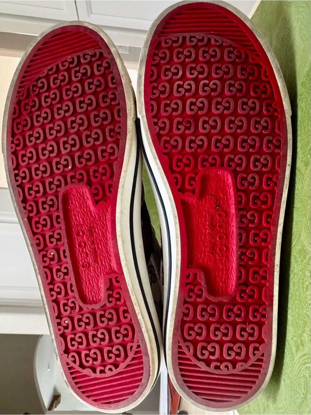 Gucci Beige GG Canvas High-Top Sneakers with Green and Red Web